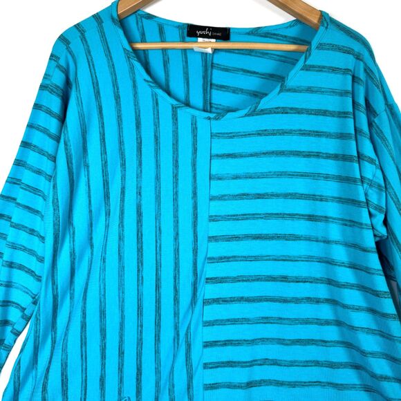 Yushi Tunic Top Womens Large Blue Stripe Asymmetrical Hem Bamboo Blend Artwear - Picture 2 of 12